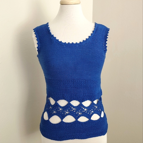 Vintage knit crochet top blue cotton cutout tank scoop neck sleeveless boho S M - Picture 6 of 16